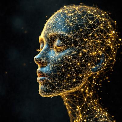 The primary subject of the image is a close-up of a woman's face, with a focus on her eyes. The setting is a dark background, which contrasts with the brightly lit face. The visual style is a combination of digital art and illustration, creating a unique and intriguing representation of the woman's face. The colors are predominantly dark, with the woman's eyes being the brightest and most prominent feature in the image. The overall atmosphere is mysterious and captivating.